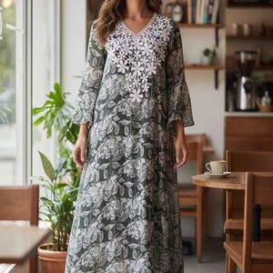 Floral Maxi Dress with White Embroidery